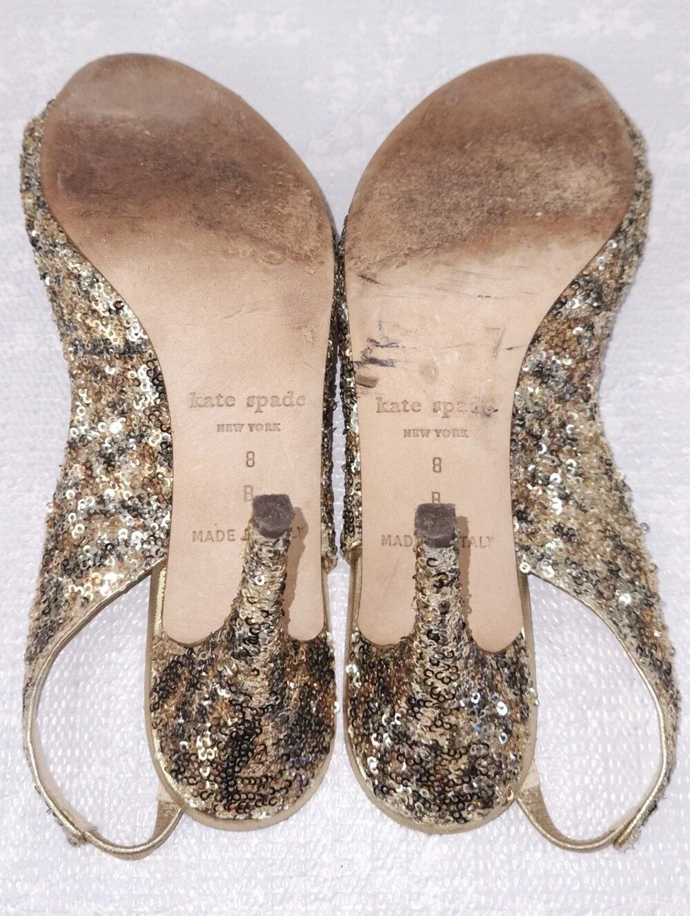 KATE SPADE Sawyer Sequin Bow Pumps Gold Slingback Peep Toe Heels US 8